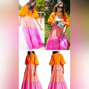 STAUD Orange Peach Pink Tiered Maxi Dress